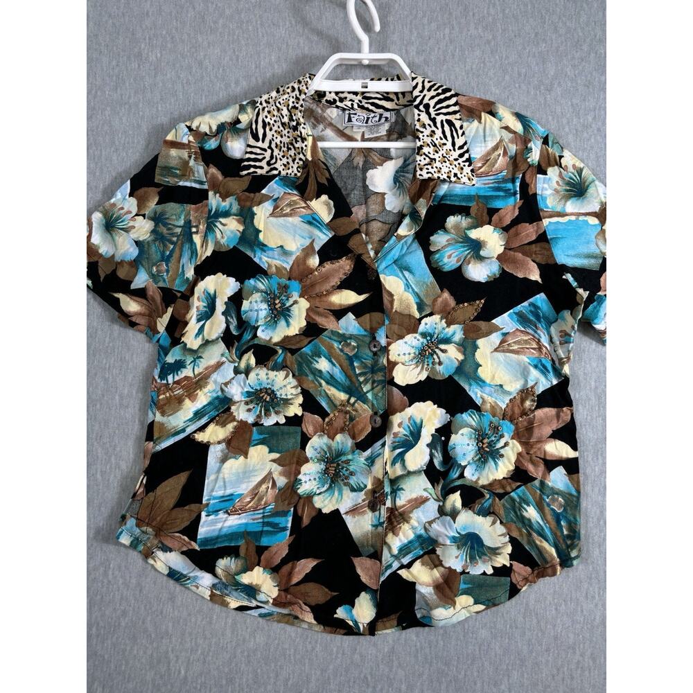 Faith Hawaiian Shirt Size M Rayon Floral Accent Beads Short Sleeve Button Up